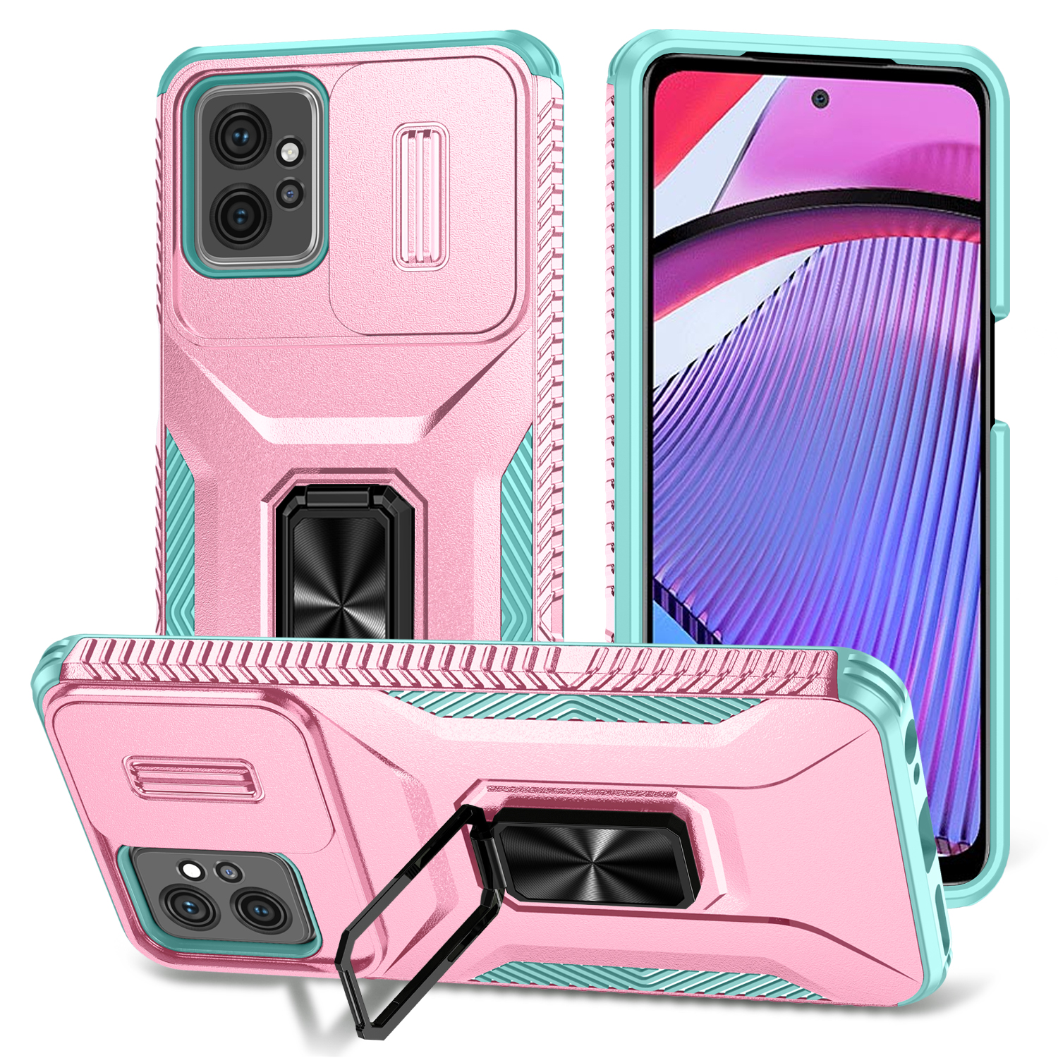 Heavy Duty Case for Motorola Moto G Play 4G 2024, Military Grade Dual Layer Hybrid Rubber Bumper with Sliding Camera Cover,Built-in 360 Degree Swivel Stand Car Magnetic - Rosegold